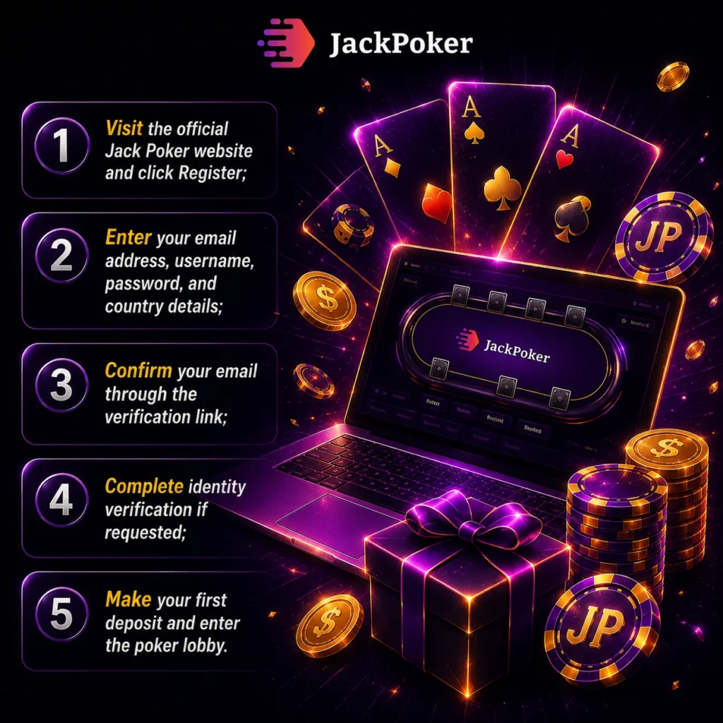JackPoker registration guide with account setup, poker lobby and neon casino style.