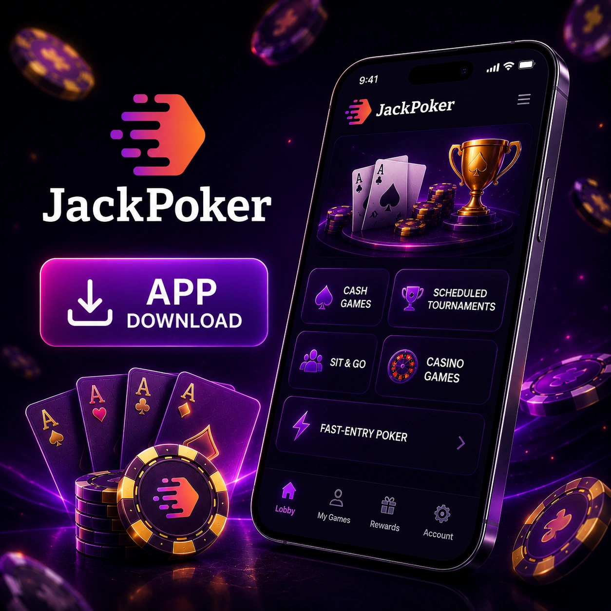 JackPoker mobile app download button with smartphone and poker chips.