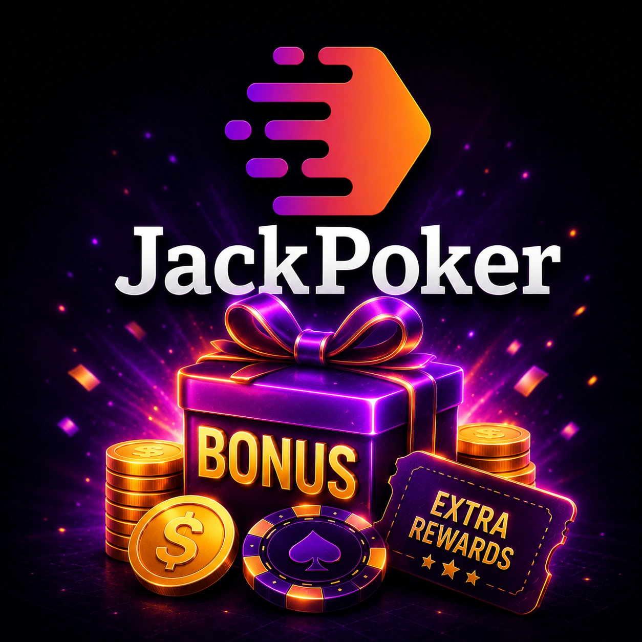JackPoker bonus gift box with coins and reward ticket.