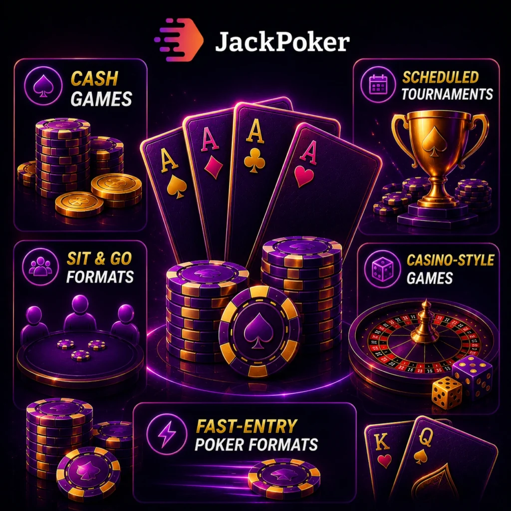 Poker cards, chips, tournament trophy and roulette wheel illustration.