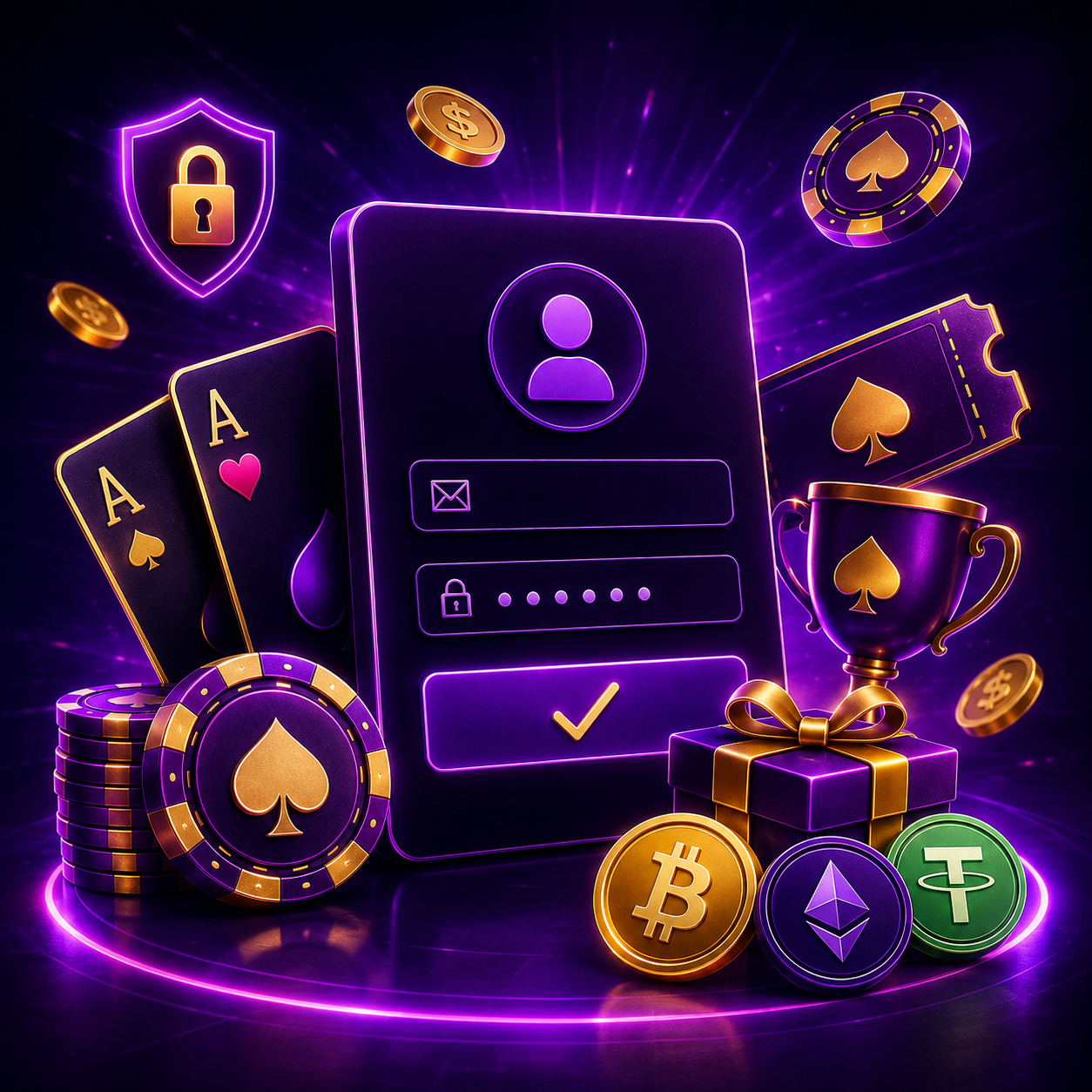 Баннер регистрации BC Poker с формой создания аккаунта, покерными картами, фишками и криптовалютой
