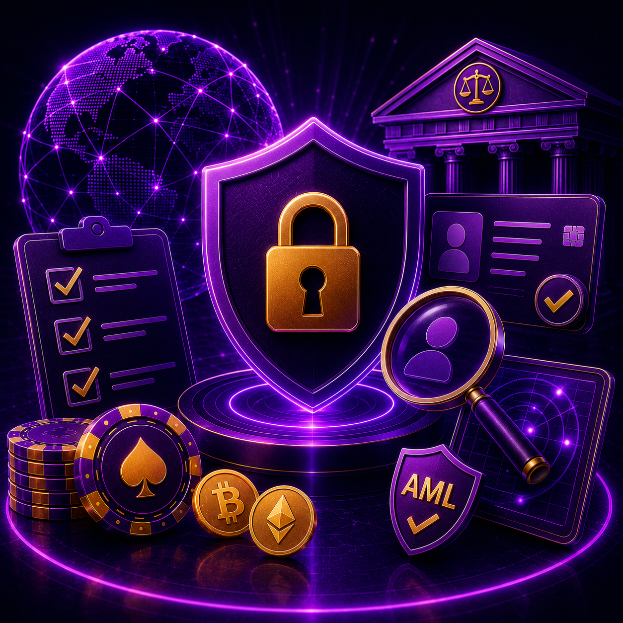 Баннер AML JackPoker с защитным щитом, проверкой личности, документами, лупой и криптовалютными платежами