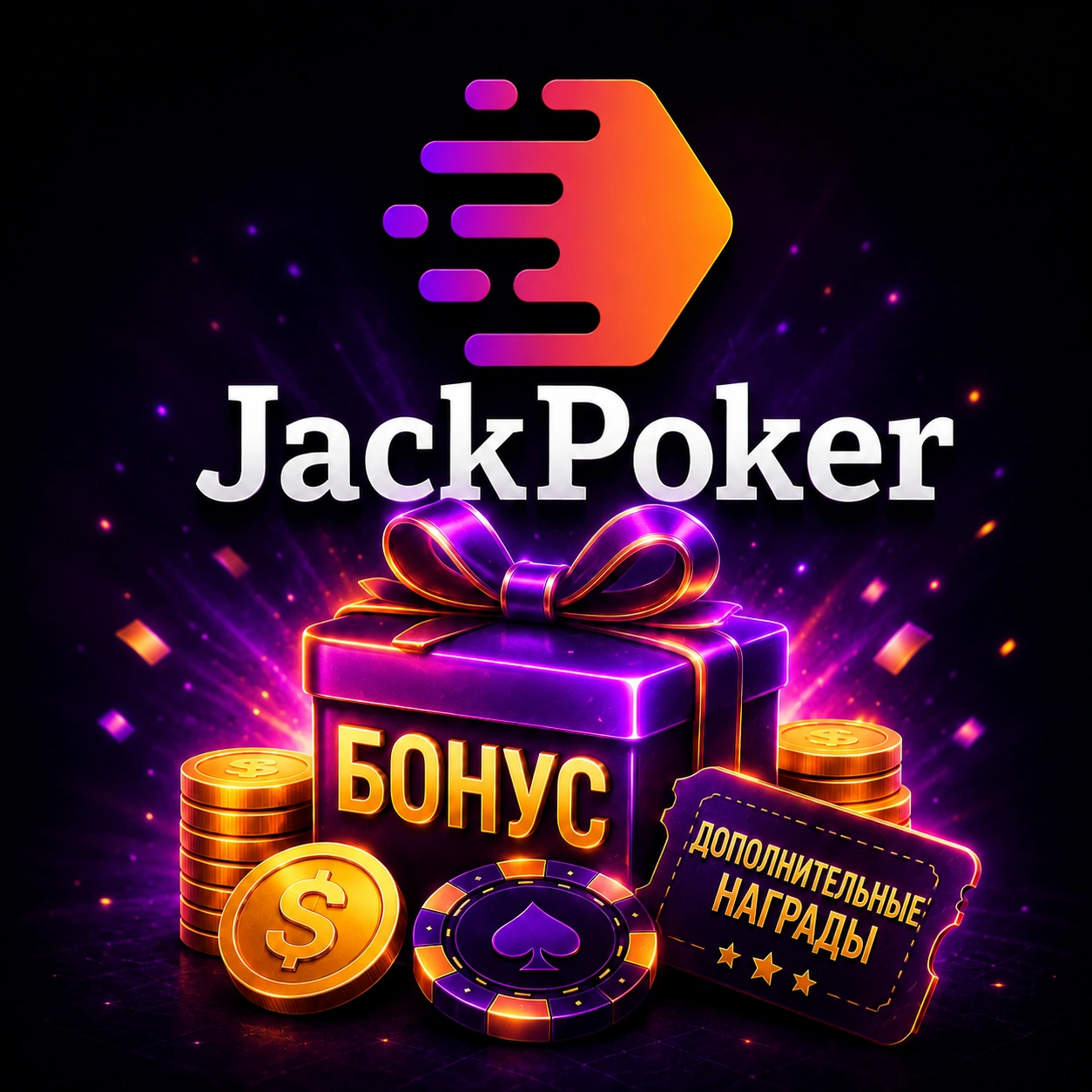 Бонус JackPoker с подарочной коробкой, дополнительными наградами, монетами и покерной фишкой