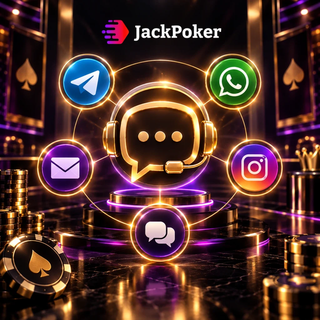 JackPoker центр поддержки с иконками чата, Telegram, WhatsApp, электронной почты и Instagram