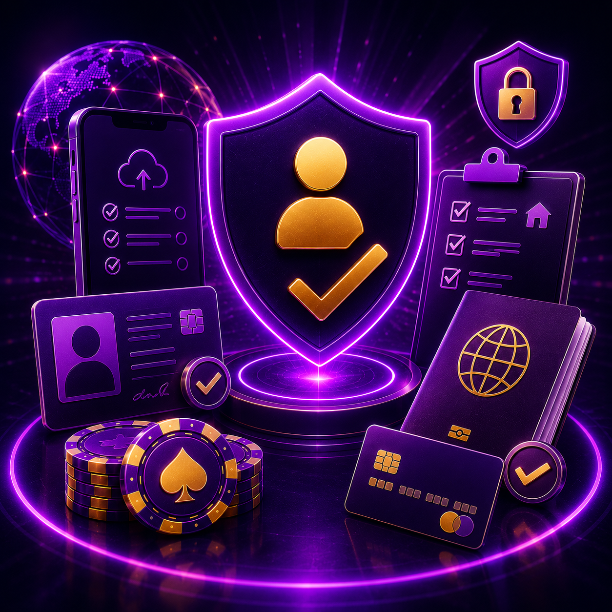 Верификация аккаунта JackPoker с защитным щитом, документами и подтверждением личности
