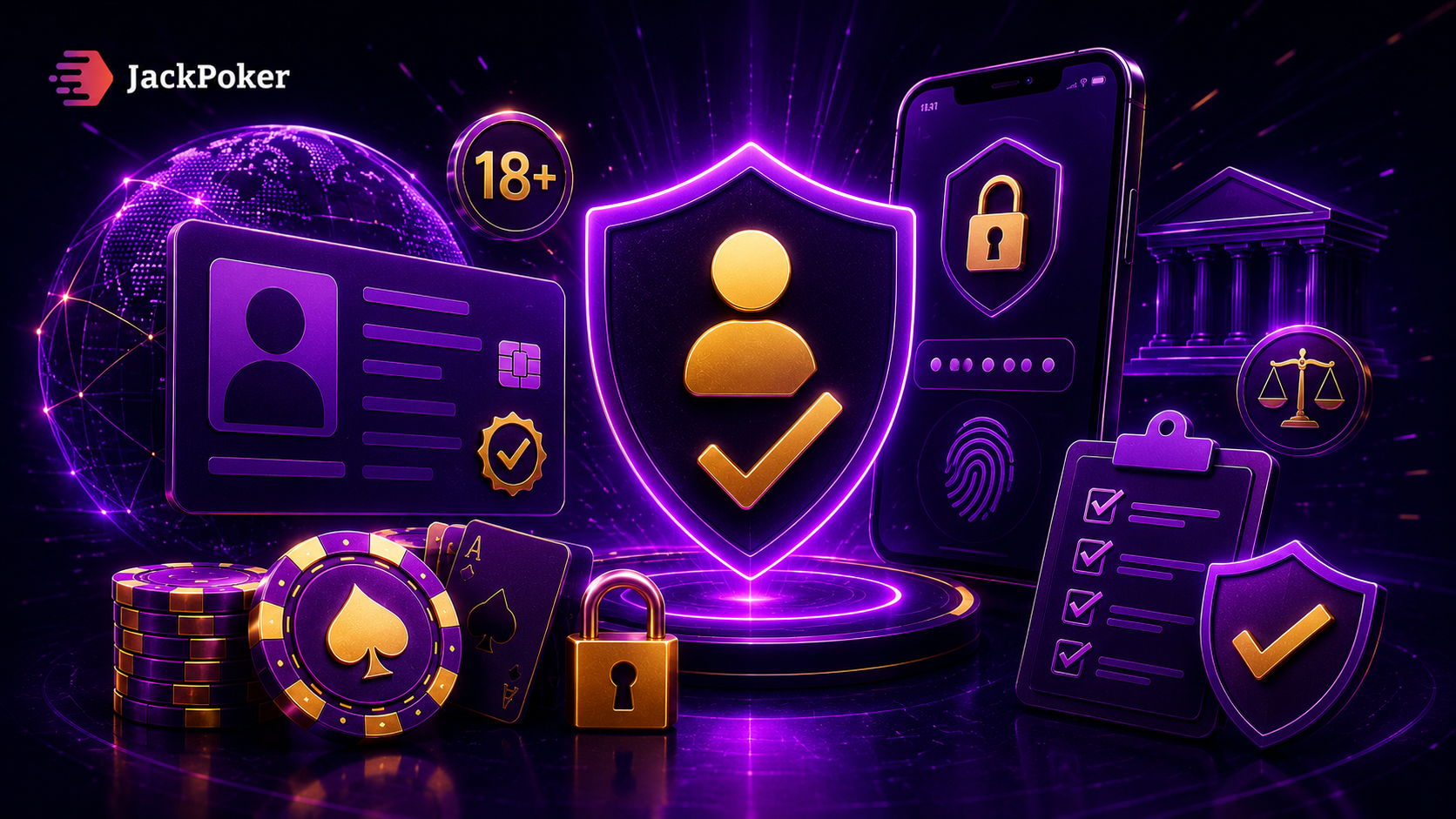 Безопасность и проверка личности JackPoker с документами, картой, замком и защитным щитом