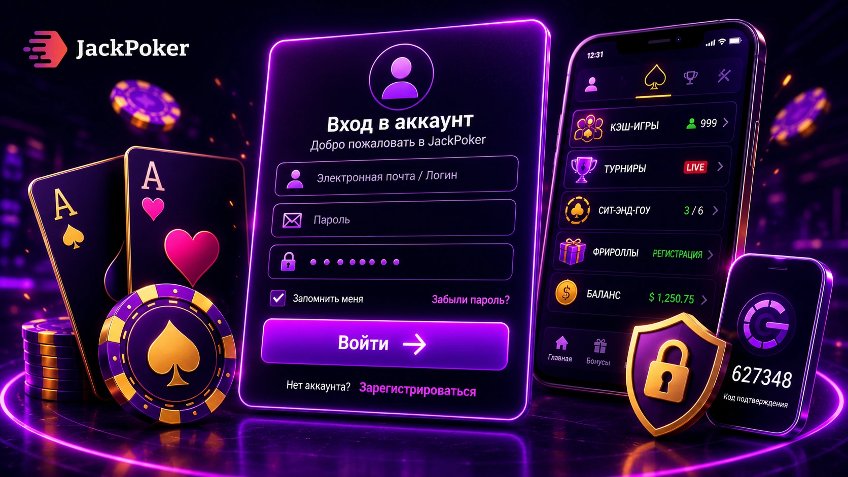 Вход в аккаунт JackPoker с формой авторизации, мобильным приложением и защитой данных