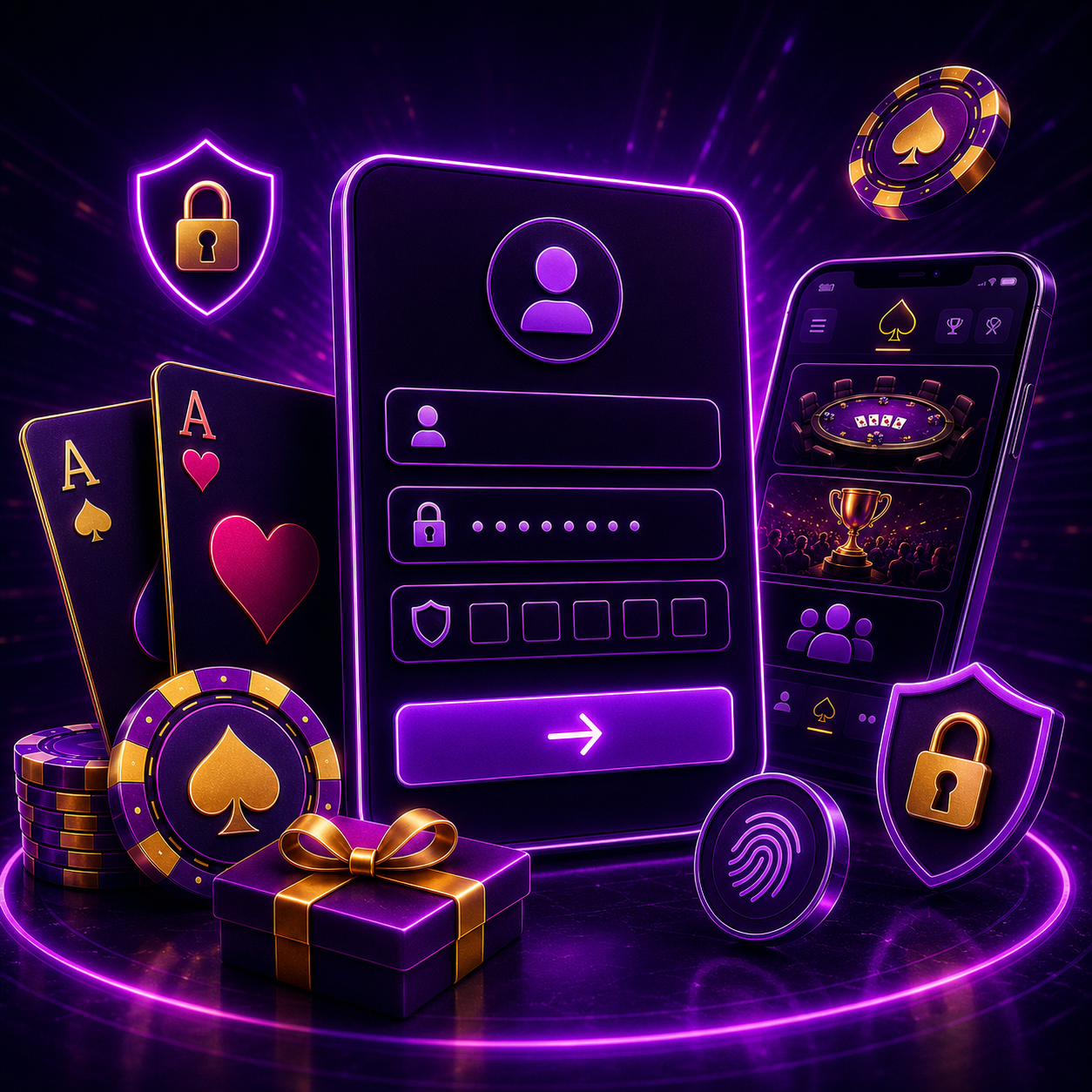 Баннер входа в JackPoker с формой авторизации, защитными щитами, отпечатком пальца и покерными элементами