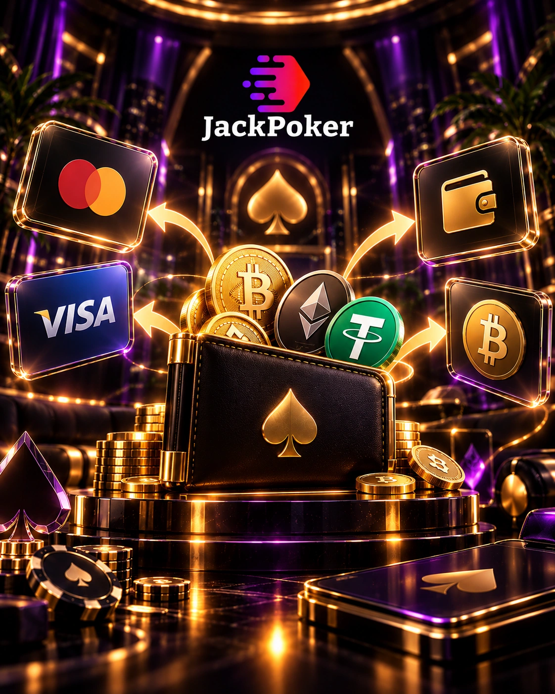 JackPoker banner с вариантами выплат через Visa, Mastercard и криптовалюты Bitcoin, Ethereum и USDT
