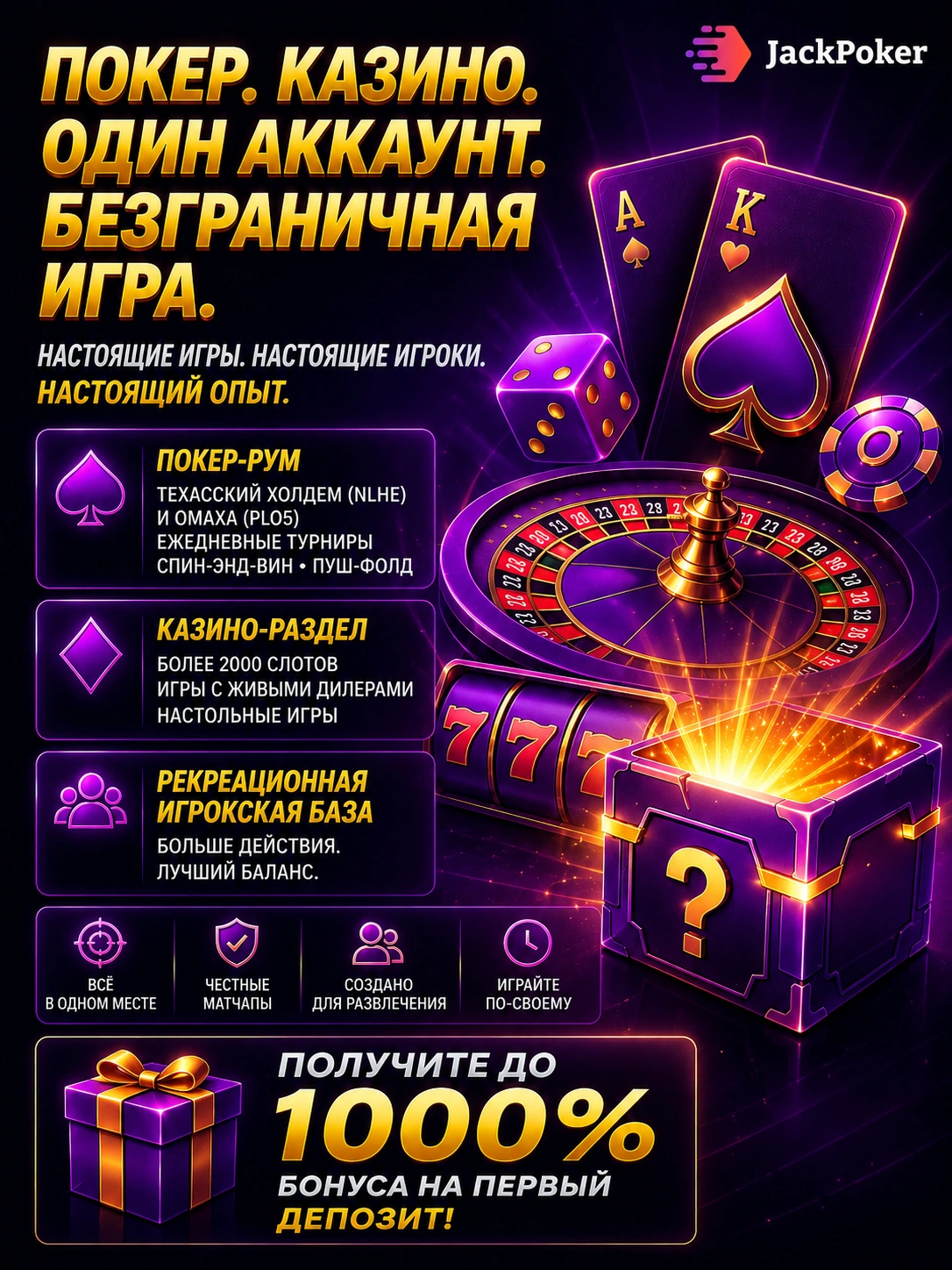Баннер JackPoker с покером, казино, игровыми столами, рулеткой, слотами и бонусом до 1000% на первый депозит