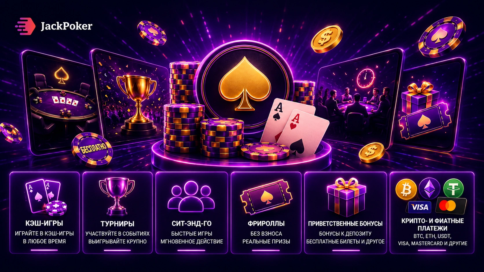Баннер JackPoker с кэш-играми, турнирами, сит-энд-го, фрироллами, бонусами и способами оплаты