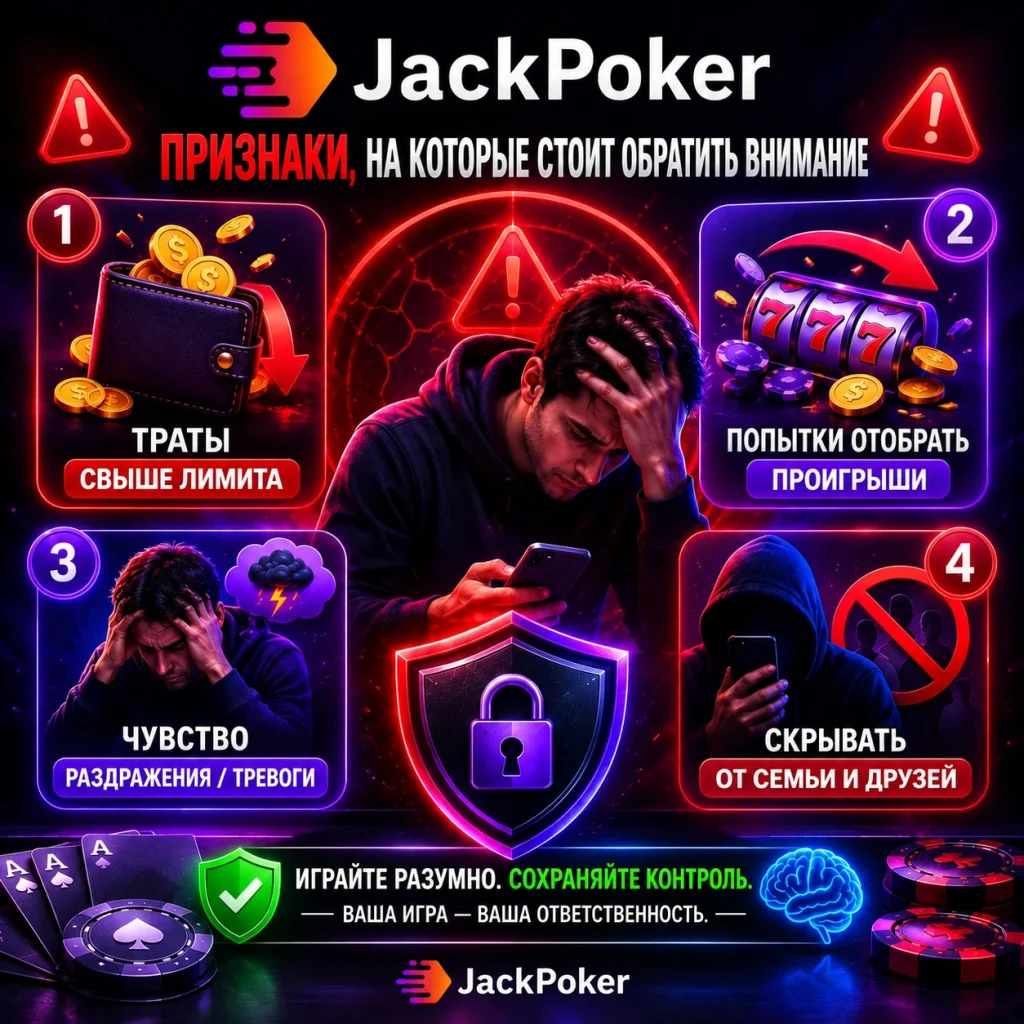 Признаки проблемной игры в JackPoker: перерасход средств, попытки отыграться, тревожность и скрытие игры от близких