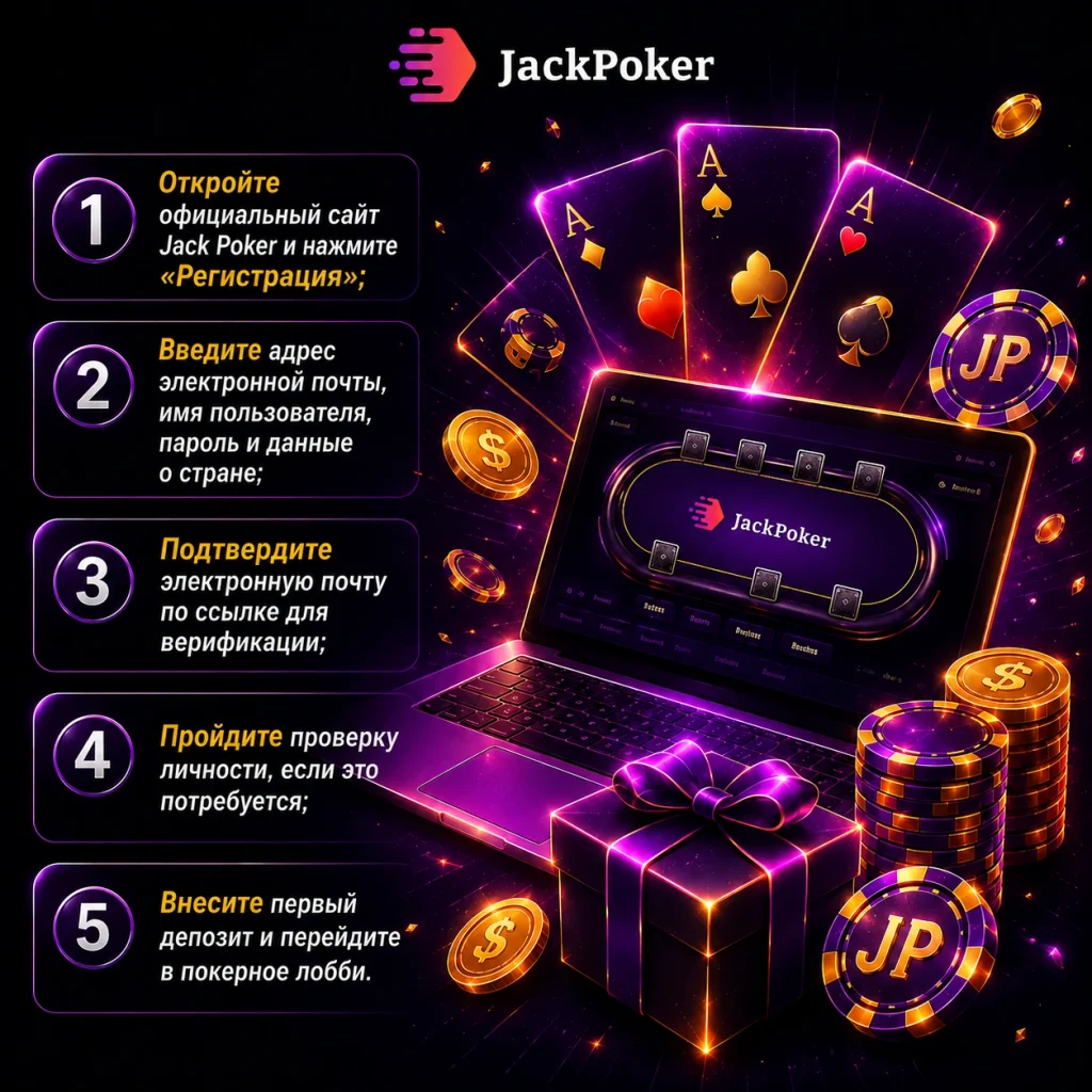 Пошаговая инструкция регистрации в JackPoker с подтверждением почты, верификацией личности и первым депозитом