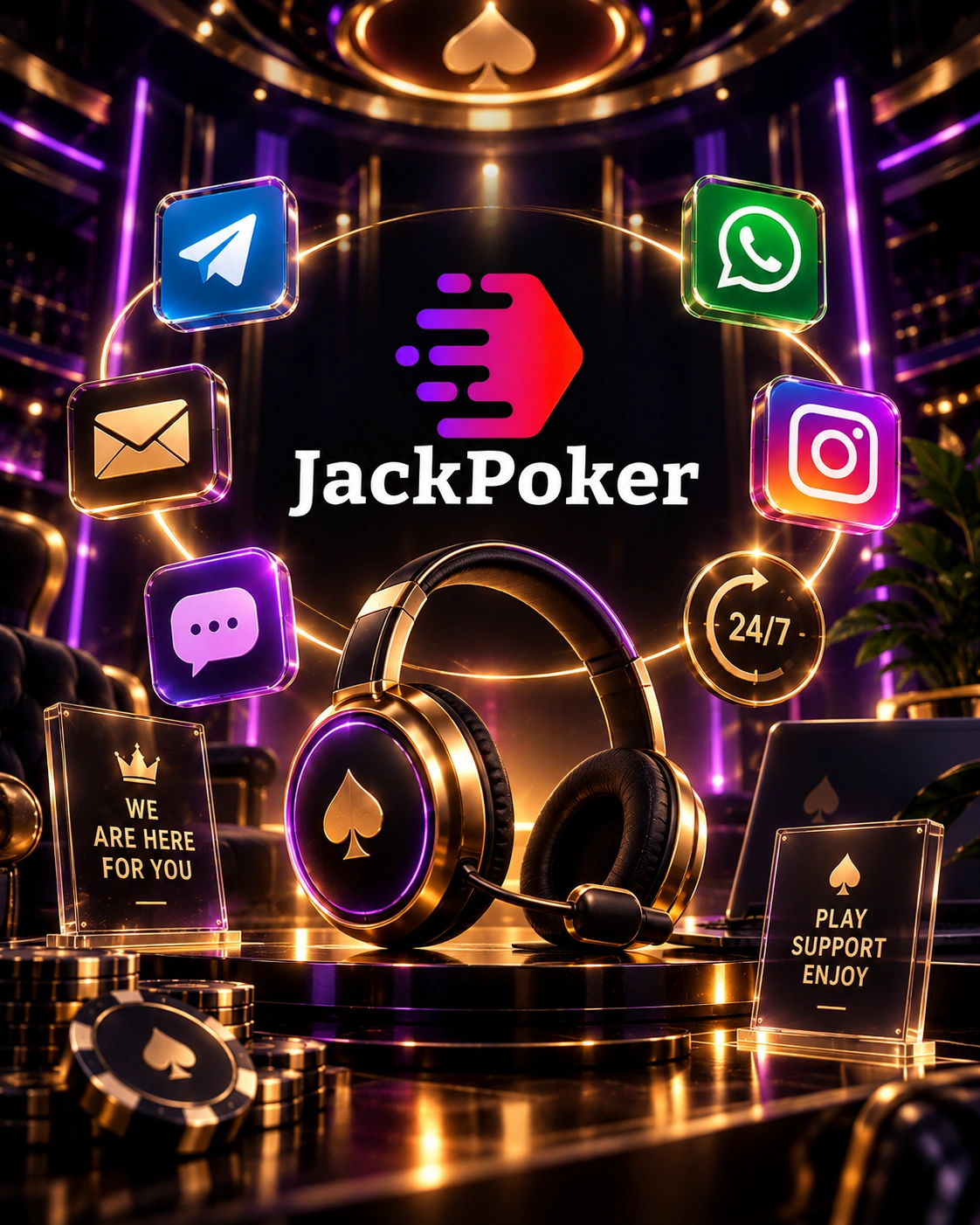 JackPoker support center with live chat, messaging icons, headset and 24/7 customer assistance