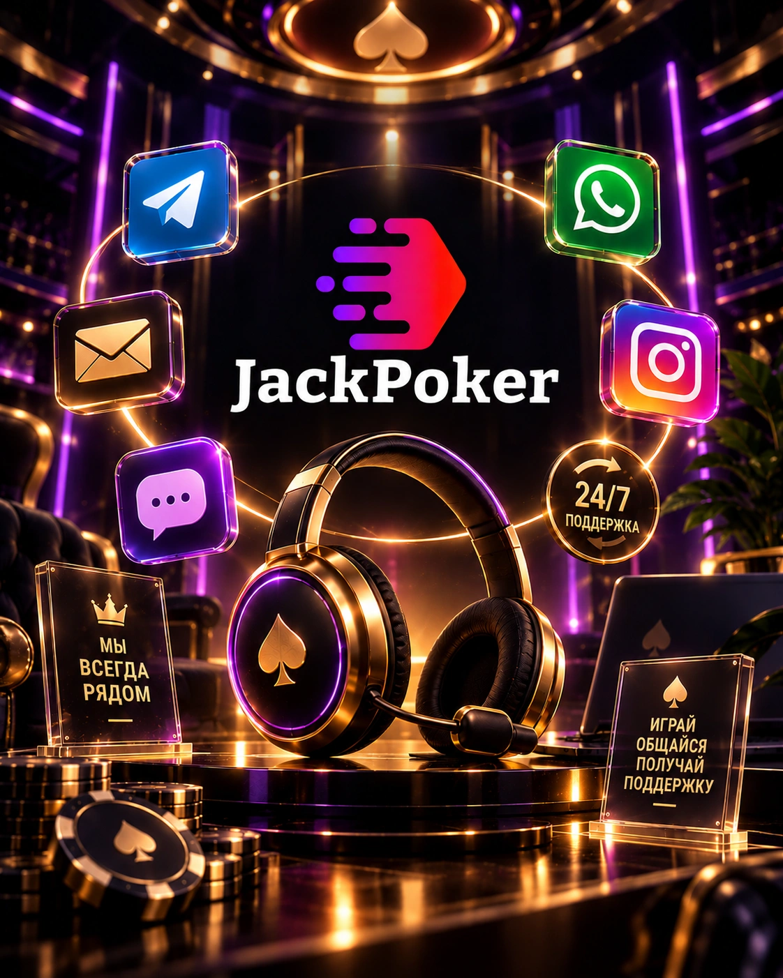 JackPoker поддержка с иконками чата, Telegram, WhatsApp, электронной почты и Instagram, наушниками и доступностью 24/7