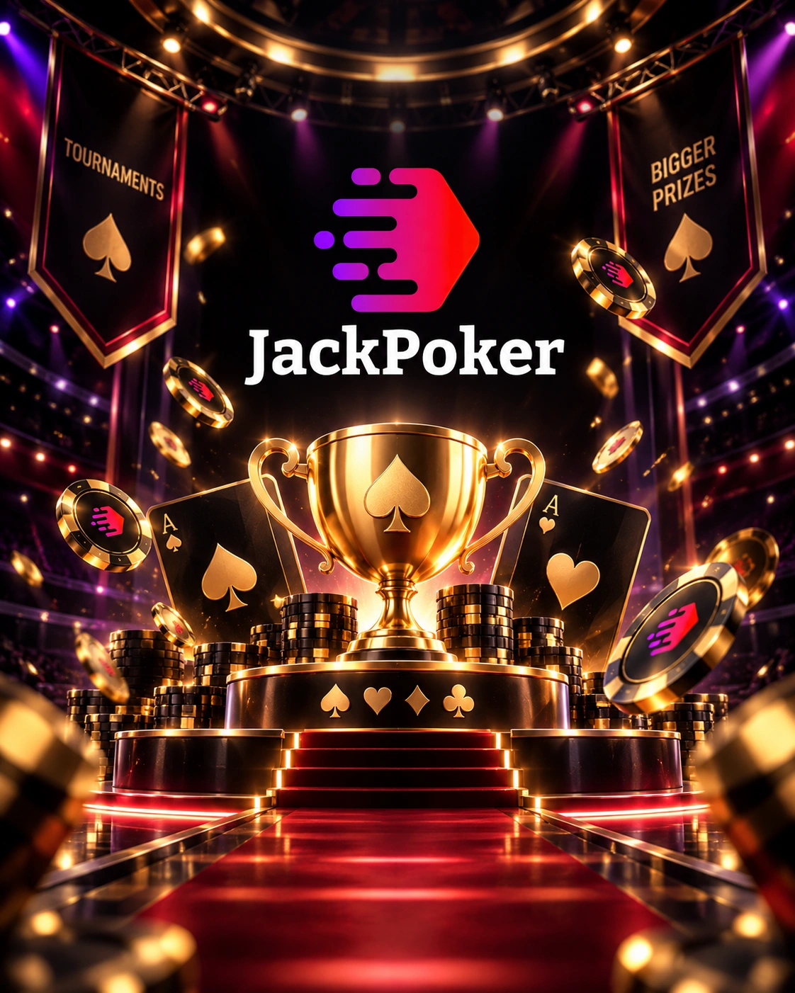 JackPoker tournament promotion with championship trophy, poker cards, chips and luxury casino stage