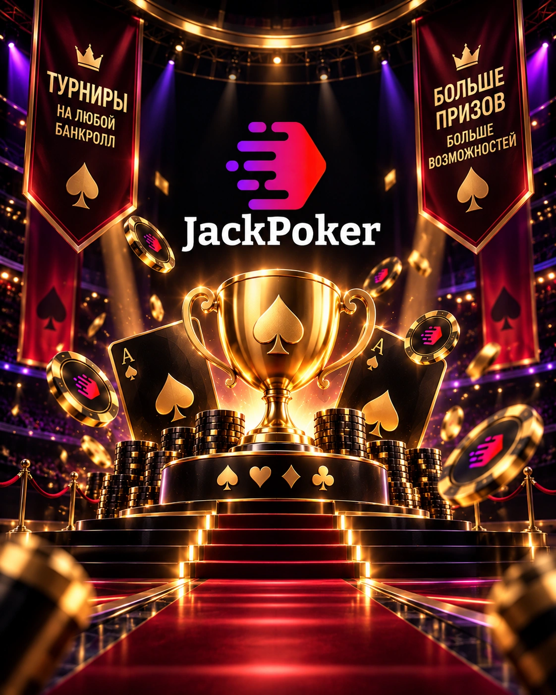 JackPoker турнирная сцена с золотым кубком, покерными картами, фишками и яркой атмосферой казино
